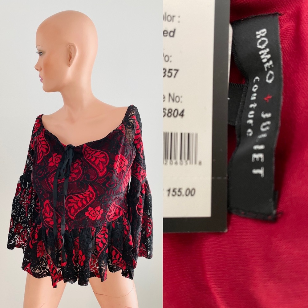 NWT $155 ROMEO & JULIET COUTURE Bohemian Black and Red LACE PEASANT TOP M
